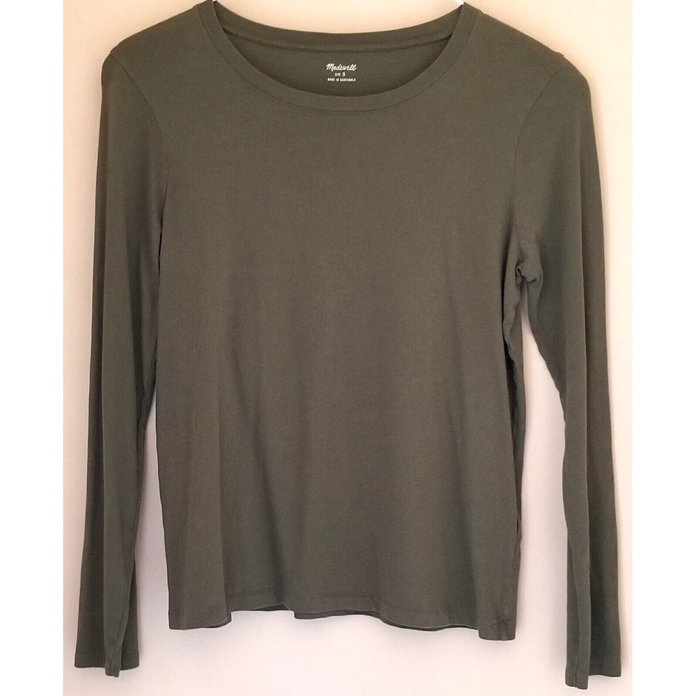MADEWELL Pull-On Crewneck Long Sleeve GREEN 100% Cotton T-Shirt/Top Women's Sz S